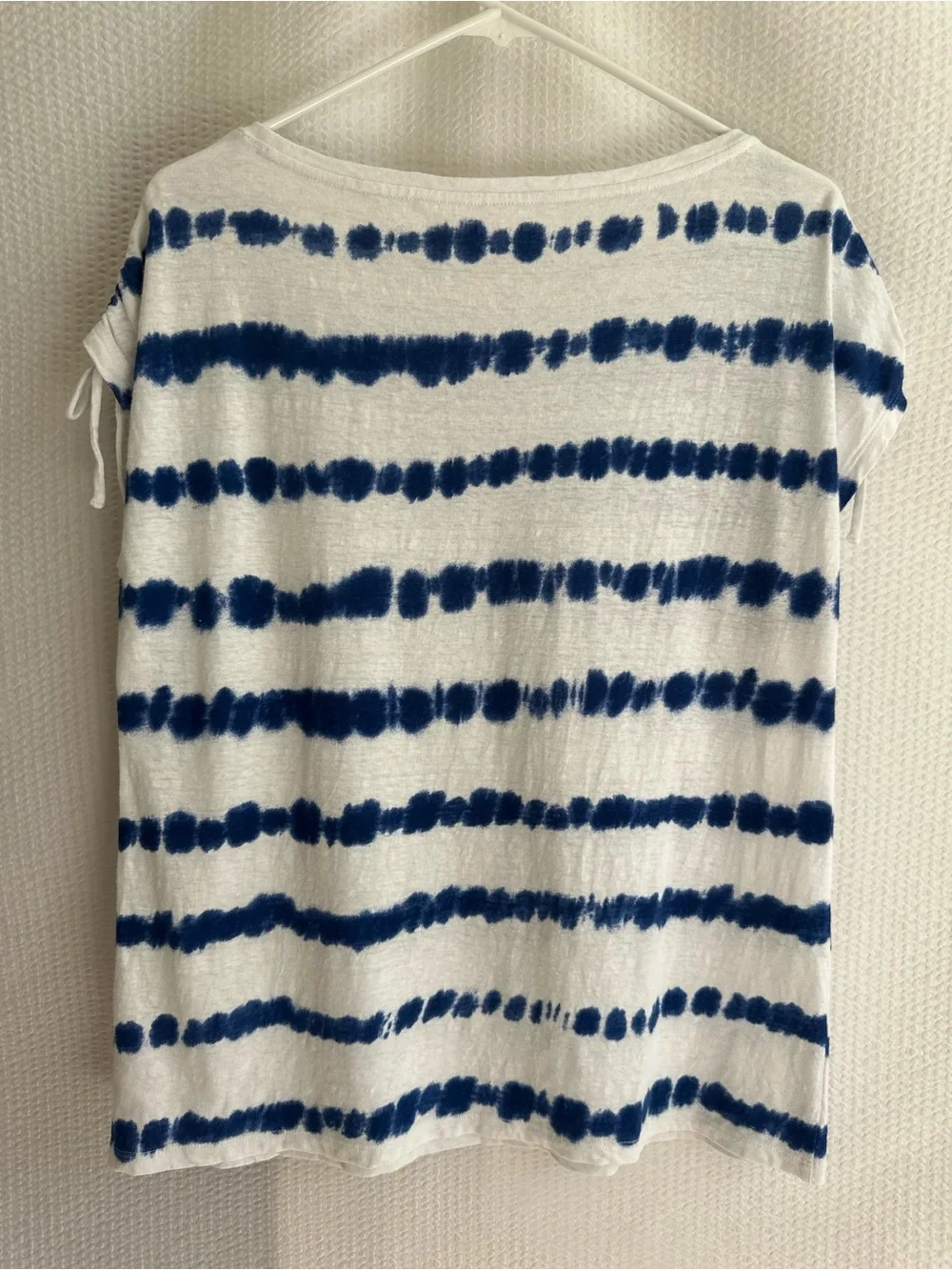 Talbots Blue White Tie Dye Stripe Linen Cotton Top Size Medium Ruched Sleeve - Picture 2 of 6